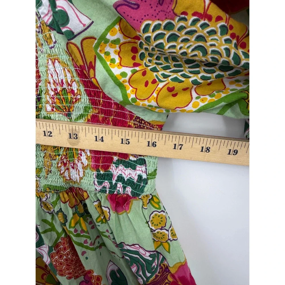 Uncle Frank 75582 Smocked Mini Dress Womens M Green Tropical floral Puff Sleeve
